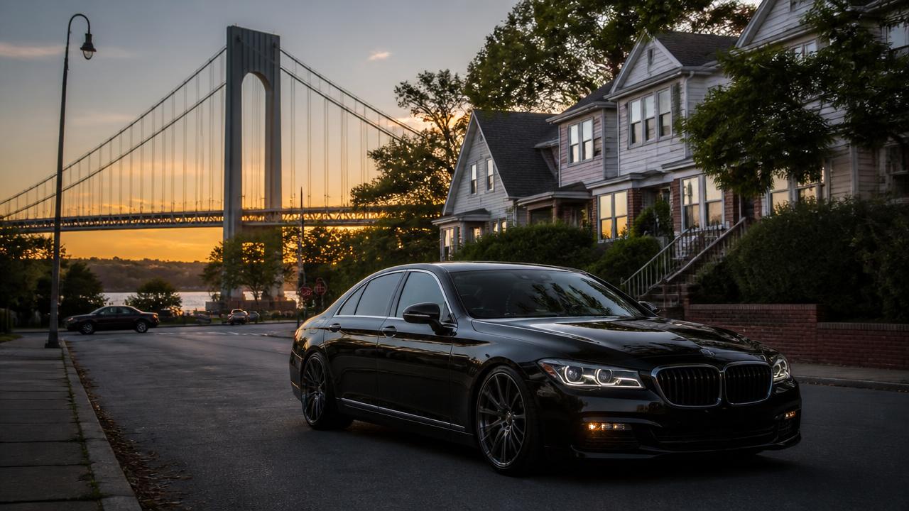 Black luxury sedan on a Staten Island street with the Verrazzano-Narrows Bridge at sunset