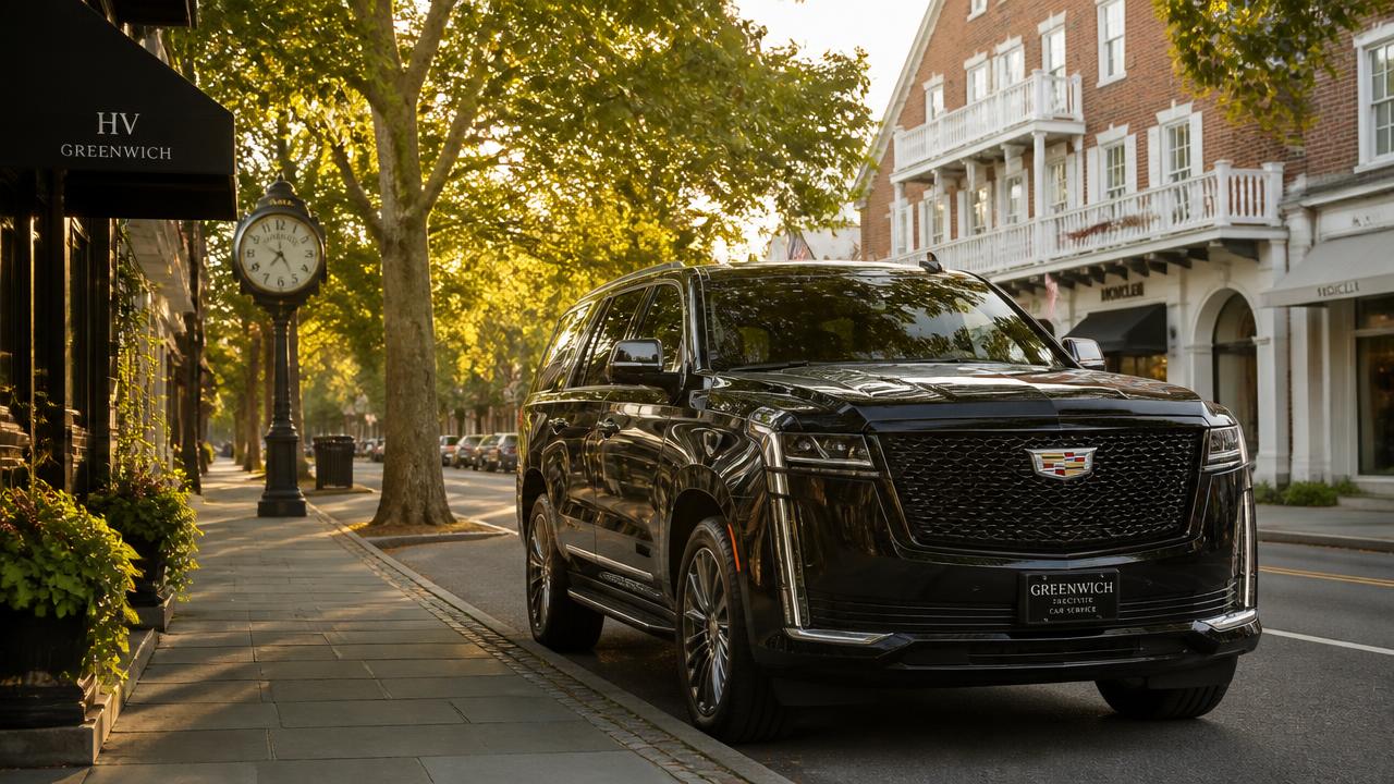 Black luxury SUV parked on a tree-lined street in Greenwich, Connecticut at golden hour