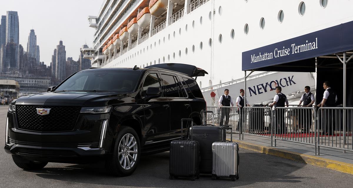 Luxury SUV dropping off luggage beside a cruise ship at a New York terminal